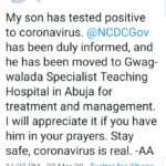 Just In: Atiku tweets, My son has tested positive to coronavirus