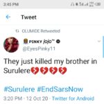 #EndSARS: They just killed my brother. A Twitter user cry out as she looses brother to SARS brutality.